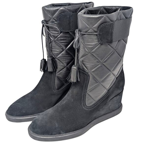 Aquatalia Caliana 8.5 Black Weatherproof Quilted Leather Suede Wedge Boots - Picture 6 of 7